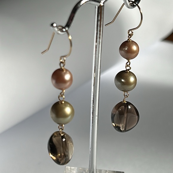 14K Yellow Gold Pearls Smoky Quartz Dangling Earrings - Picture 1 of 16